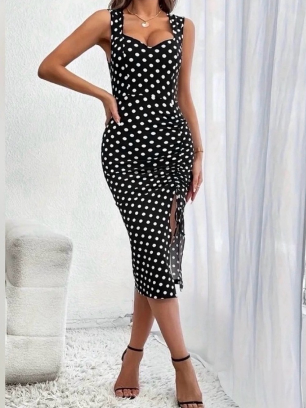 Black and White Polka Dot Sweetheart Midi Dress
